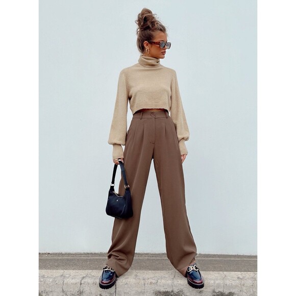 Princess Polly Pants - Tailored Wide Leg Brown Pants Pleated Front Archer Pants High Waist Size 8